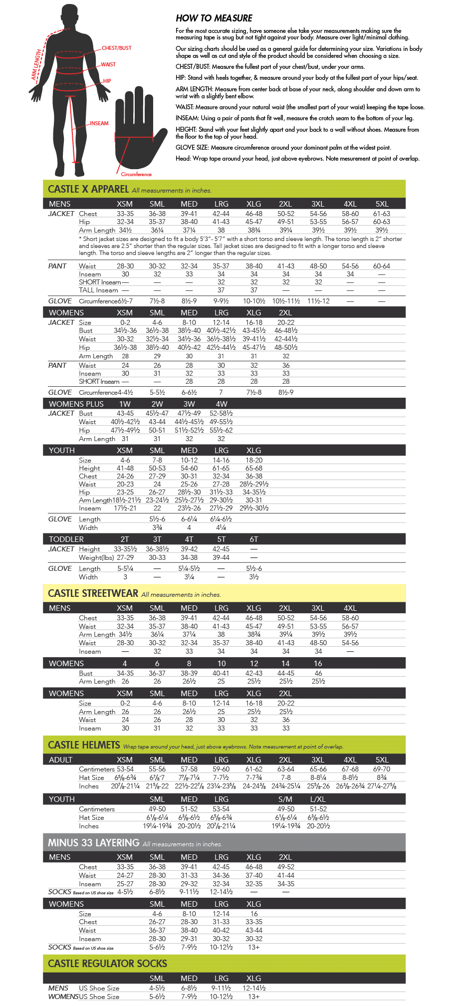 Castle X Youth Size Chart