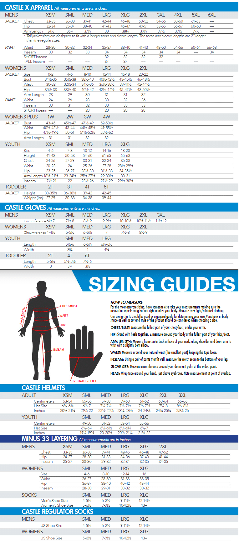 Sizing Charts - Desktop • Castle X Snow and Motorcycle Apparel
