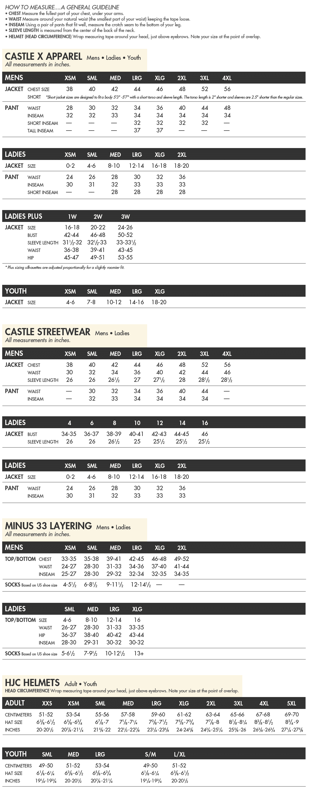 Castle X Jacket Sizing Chart