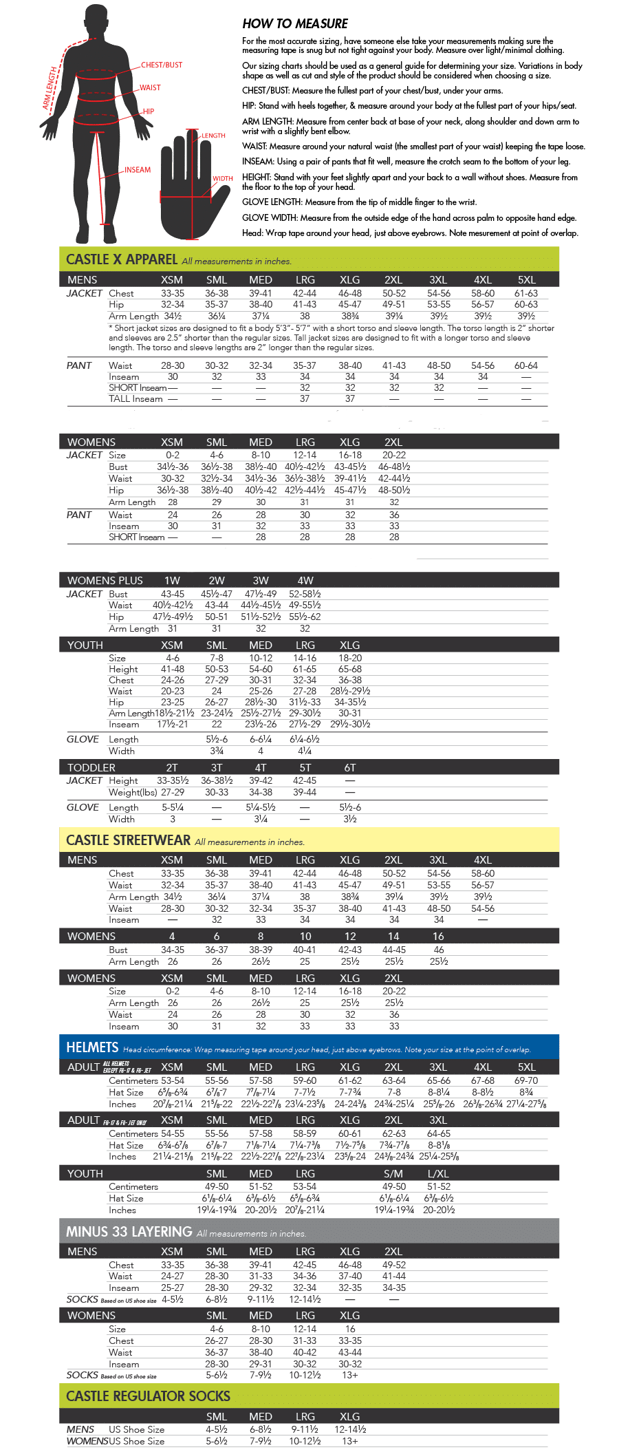 Castle X Jacket Sizing Chart