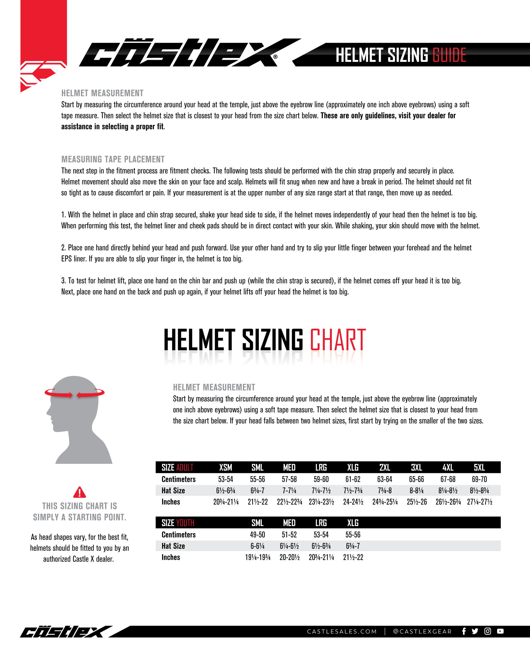 Castle X Helmet Size Chart