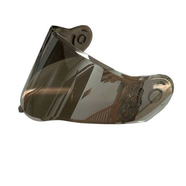 A transparent, tinted helmet visor featuring an aerodynamic design with two mounting points on each side. The visor is slightly curved and reflective, suitable for attachment to a motorcycle or racing helmet for eye protection.