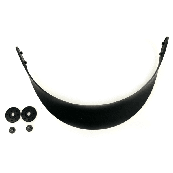 A black helmet visor with two black circular attachments and two small screws arranged neatly on a white background. The visor is curved and designed to attach to a helmet, providing additional protection or shading for the wearer.