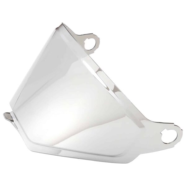 A clear plastic motorcycle helmet visor is shown against a white background. The visor has a slightly curved shape and two mounting holes at the top edges for attachment to a helmet.