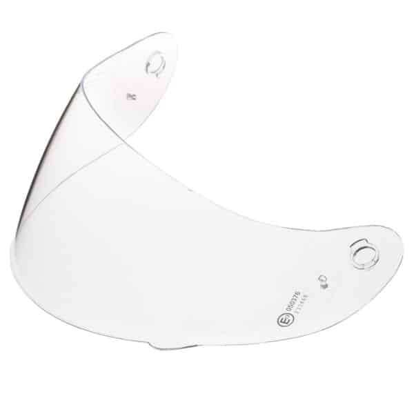 The CX360 Youth Single-Lens Shield is a transparent, curved plastic helmet visor equipped with attachment points on both sides, designed to protect the face while ensuring clear visibility.