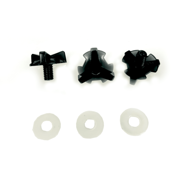 Image of three black screws with plastic spacers. The screws have a unique winged design at the head, making them suitable for specific fittings. Below the screws are three white circular washers with a central hole, providing additional support.