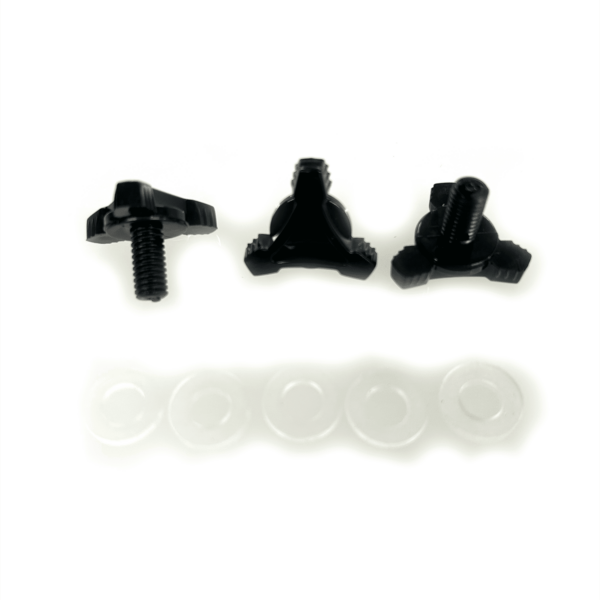 Image showing three black, tri-wing thumb screws aligned in a row above five white, circular washers spaced evenly below them. The thumb screws appear to be made of plastic and have threaded metal shafts.