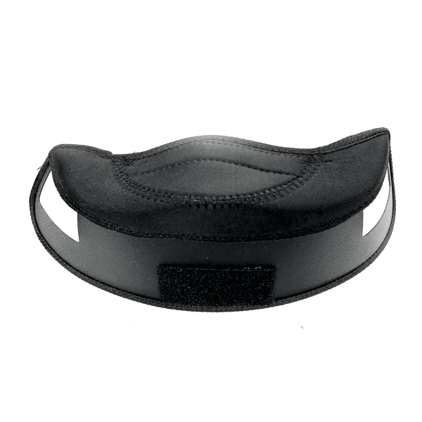 A black adjustable chin strap designed to support the jaw and prevent mouth breathing during sleep. Made with soft, padded material for comfort, it has hook-and-loop fasteners for a secure fit.