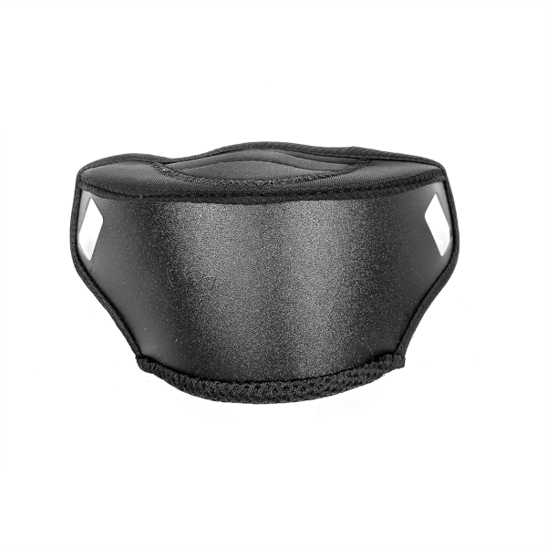 A black neoprene face mask is shown against a plain white background. The mask has a smooth texture and two cutouts on the sides for ears. It covers the lower part of the face, including the nose and mouth.