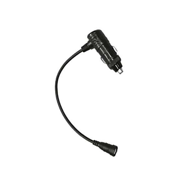 A Cigarette Power Adapter for Electric Shields, featuring a black design, coiled cord, and standard 12V plug. The cord terminates in a male connector, ideal for charging devices through a vehicle’s cigarette lighter socket.