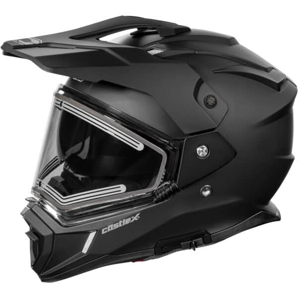 The CX200 Electric Dual-Sport Helmet is shown in side profile, featuring a matte black finish, clear visor, angular design, top sun peak, and "castleX" branding.