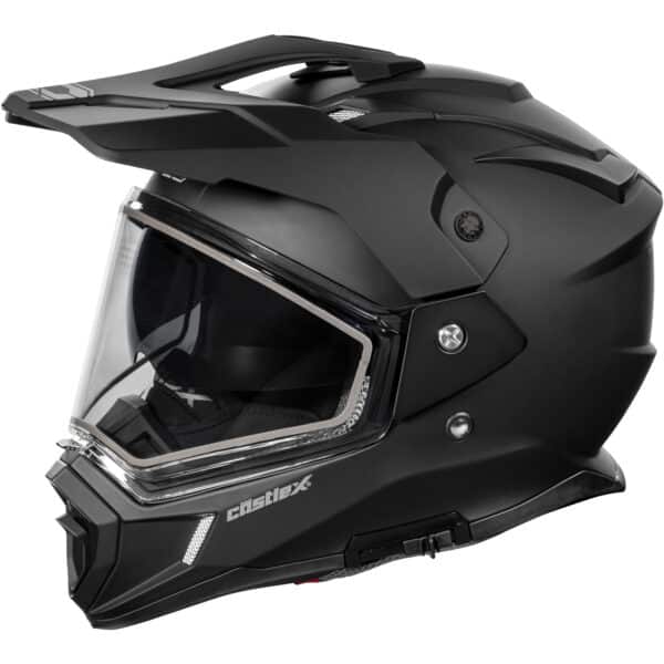 The CX200 Dual-Sport Helmet features a matte black finish, clear visor, angular design with a top visor peak, ventilation openings, and "Castle X" branding on the lower side.