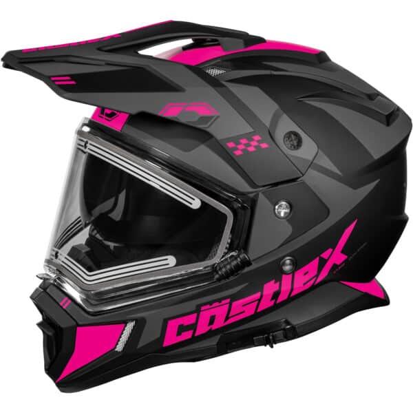 The CX200 Wrath Electric Dual-Sport Helmet is matte black with bright pink geometric accents, a clear visor, and "CastleX" in bold pink on the side.