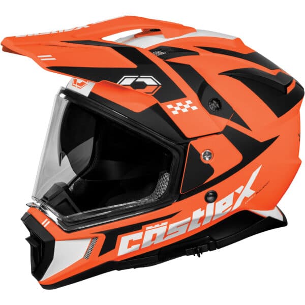 The CX200 Wrath Dual-Sport Motorcycle Helmet is a full-face helmet in orange, black, and white with bold graphics, a visor, aerodynamic design, and "CastleX" branding on the side.