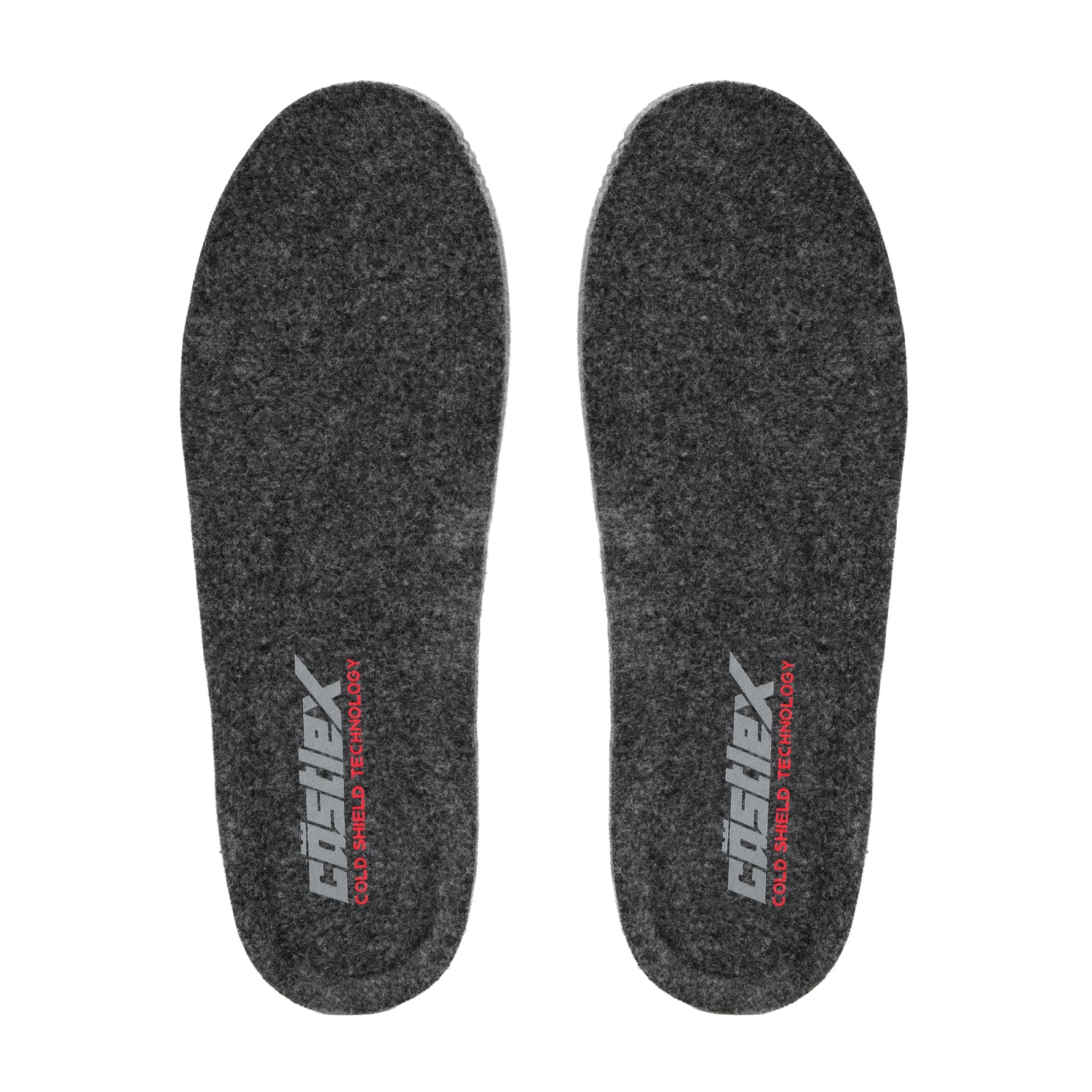 A pair of Men’s Replacement Insoles in gray felt, featuring the text “COSFEX COLD SHIELD TECHNOLOGY” printed in white and red on each insole, displayed against a white background.