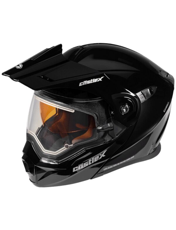 The CX950 helmet in Gloss Black features a full-face design with a clear visor, an orange-tinted sun shield, and a vented peak. The brand name "Castle X" is prominently printed in white on the front and side. Known for its aerodynamic design and glossy finish, this helmet combines style and functionality.