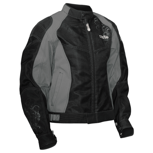 The Women's Desire Jacket is a black and gray motorcycle jacket featuring a front zipper and high collar, adorned with intricate sleeve patterns and embellished with a brand logo on the chest.