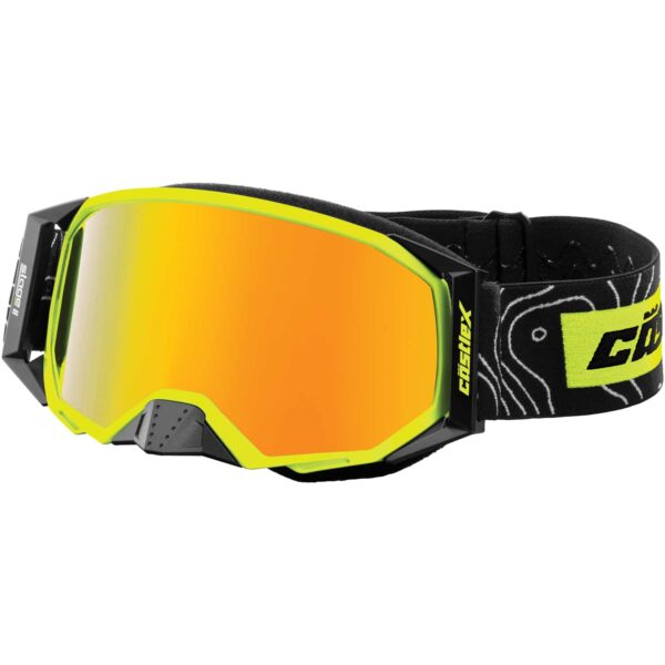 Introducing the Stage II OTG Snow Goggle: a pair of modern, neon yellow and black motocross goggles featuring an angular design with orange tinted lenses. These goggles come with a black adjustable strap adorned with white patterns and bold "100%" branding, along with prominent ventilation details on the sides.