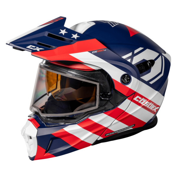 The CX950 V2 General Modular Helmet showcases a sporty design in blue, red, and white with angular lines. It features a clear visor, ventilation openings, a prominent top visor, and stars graphic on the top section.