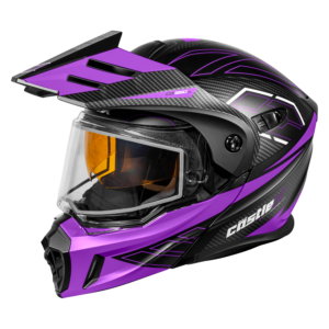A sleek motorcycle helmet in vibrant purple and black featuring a tinted visor, angular design elements, and a prominent brand logo "Castle" on the side. The helmet has a carbon fiber texture and an aerodynamic peak for enhanced performance.