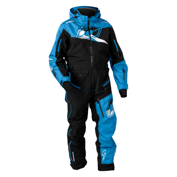 A one-piece winter sports suit hangs against a white background. The suit is primarily black with vibrant blue accents on the shoulders, arms, and legs, and features white detailing. It includes a hood, zippered front, and padded sections for protection and warmth.