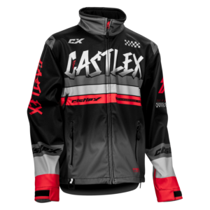 Introducing the Men's R24 Race Jacket in black and gray with striking red accents. This sporty design prominently showcases the "Castle X" brand name on the chest along with various logos on the sleeves and upper chest. The jacket features a high collar and zippered pockets for added functionality.