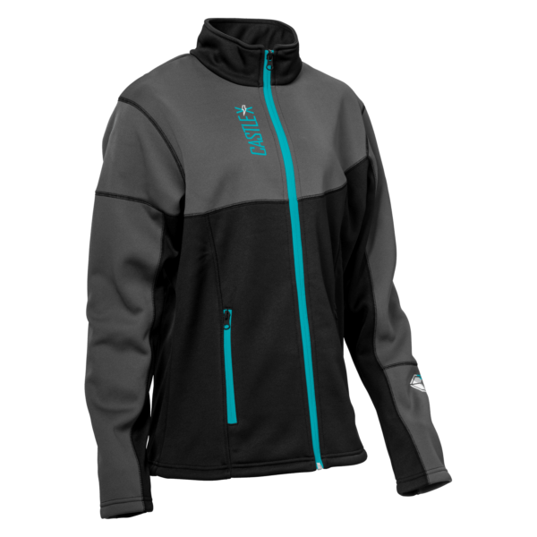 The Women's Fusion Mid-Layer Jacket is a black and gray jacket with a high collar and a turquoise zipper. It features two zippered pockets on the front, trimmed in turquoise, along with a brand logo on the left chest and right sleeve. The design is sporty and streamlined.