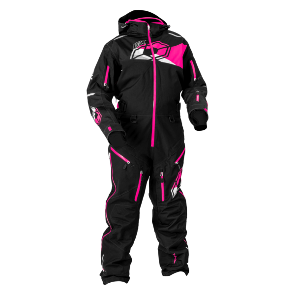 The Women's Freedom Monosuit in turquoise, silver, and black features multiple zippered pockets, reinforced knee and elbow areas, along with a high collar and an attached hood.