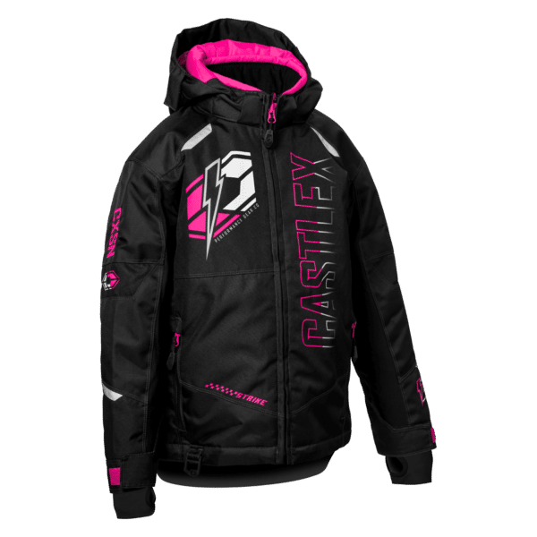 The Youth Strike Jacket in Black/Red features an eye-catching design with bold lightning bolt graphics and various logos. "Castle X" is prominently displayed in large, striking letters on the front and sleeve. The jacket has a zippered front, a hood, and multiple pockets for functionality.
