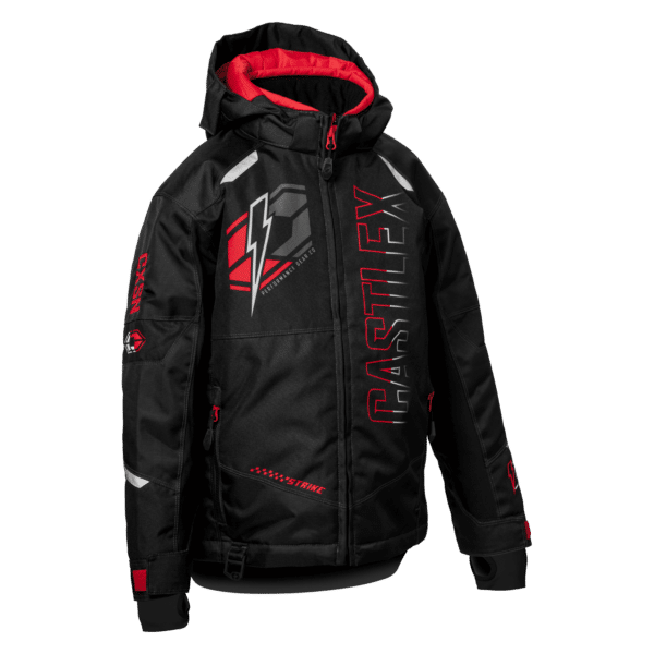 The Youth Strike Jacket (Black/Red) is a stylish winter jacket featuring a hood and bold red "CASTLE X" lettering on the front. It boasts a lightning bolt and logo design on the chest, with additional red and white accents adorning the sleeves and pockets.