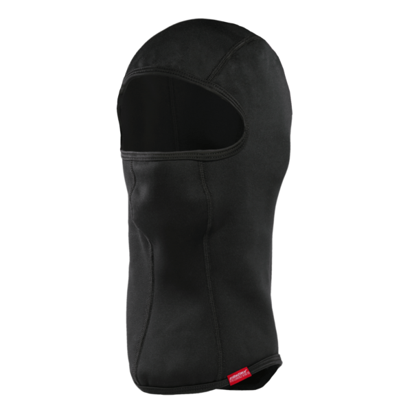 The Thermal Balaclava is a full-coverage black headgear that extends over the entire head and neck, featuring an eye-opening. Crafted from a smooth, stretchy fabric, it includes a small red tag near the bottom edge. The background is transparent.