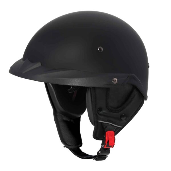 A black, open-face motorcycle helmet with a matte finish. It features ear protection pads and a red adjustable chin strap. The helmet has a slight visor and two ventilation holes on the side.