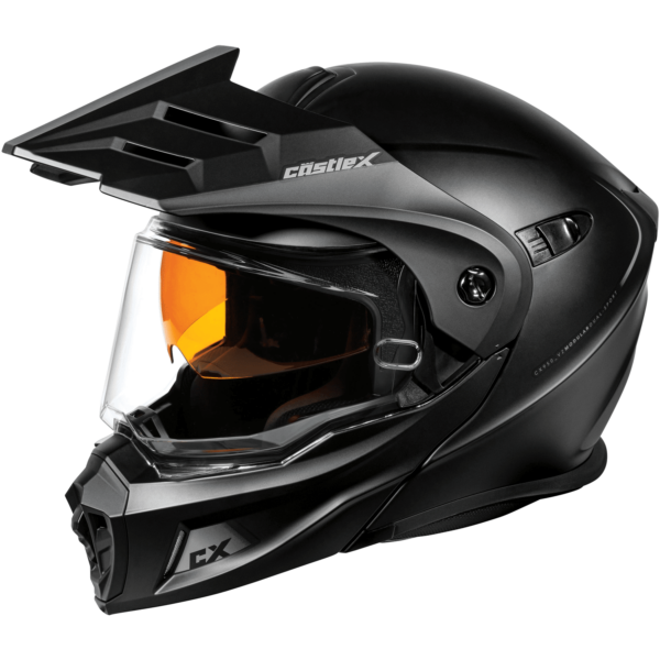 A sleek, black CX950 V2 Modular Motorcycle Helmet with a clear visor partially covering an orange-tinted internal visor. The helmet features angular design elements and ventilation ports, and is branded "Castle X," with "CX" on the chin guard.