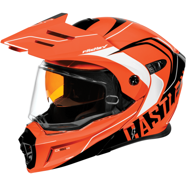 An orange, black, and white motorcycle helmet with a visor and aerodynamic design. The helmet features the branding "Castle" prominently on the side, along with model information "CX950 V2". The visor includes a tinted sun shield.