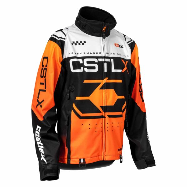 The Men's R25 Race Jacket is a high-collar, color-blocked sports jacket featuring prominent black, orange, and white panels. It showcases "CSTLX" and other graphics printed on the front and sleeves, with a large graphic displayed on the chest. The jacket is equipped with a full front zipper and pockets for convenience.