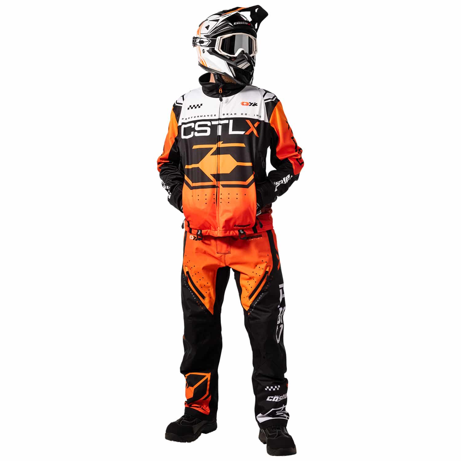 The Men's R25 Race Jacket is a high-collar, color-blocked sports jacket featuring prominent black, orange, and white panels. It showcases "CSTLX" and other graphics printed on the front and sleeves, with a large graphic displayed on the chest. The jacket is equipped with a full front zipper and pockets for convenience.