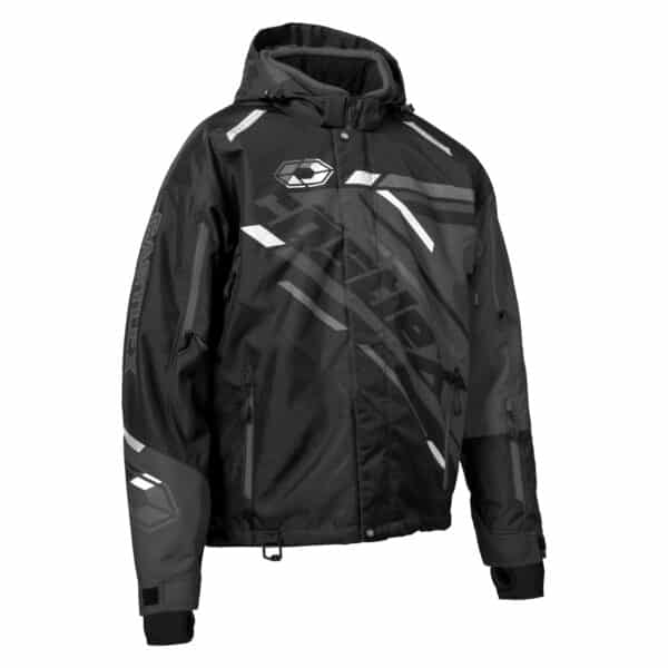 The Men's React Floater Jacket is a black and dark gray winter jacket with a hood, showcasing white abstract designs and logos on the chest and sleeves. It features multiple zippered pockets, adjustable cuffs, and is made of durable, insulated material suitable for cold weather.
