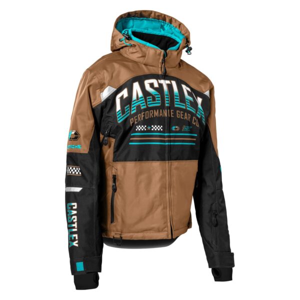 The Women's Strike Jacket 2025 from Castex Performance Gear Co. is a brown and black jacket with turquoise accents. It features multiple logos, a hood lined with turquoise, and zippers on the sleeves and front.