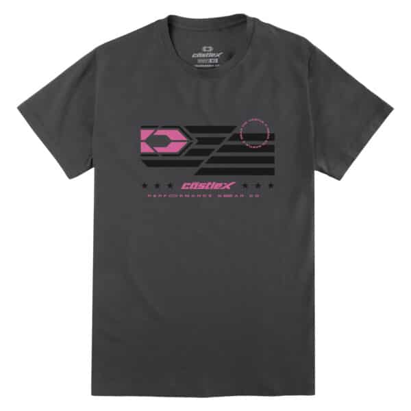 A Men's United T-Shirt in gray adorned with a graphic design on the front, showcasing pink and black elements such as an arrow-like symbol, lines, star shapes, and text that reads "Eisthex" and "Performance Gear Co.