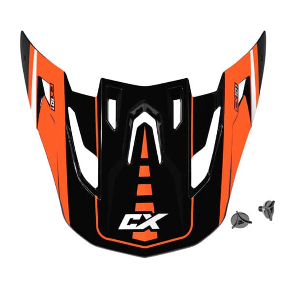 A black and orange motocross helmet visor with angular design. It features the letters "CX" in white and includes two small attachment pieces beside it.