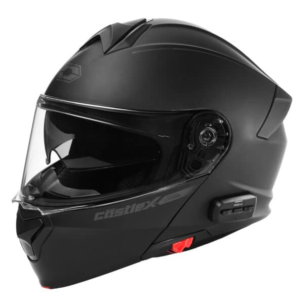 The CX935 Bluetooth Modular Motorcycle Helmet features a matte black full-face design, clear visor, integrated Bluetooth controls on the left side, ventilation openings, and subtle branding.