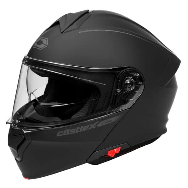 The CX935 Photochromic Modular Motorcycle Helmet is a matte black full-face helmet with a clear visor, vents, a red latch at the base, and a "CastleX" logo on the side. It has a streamlined, modern design.