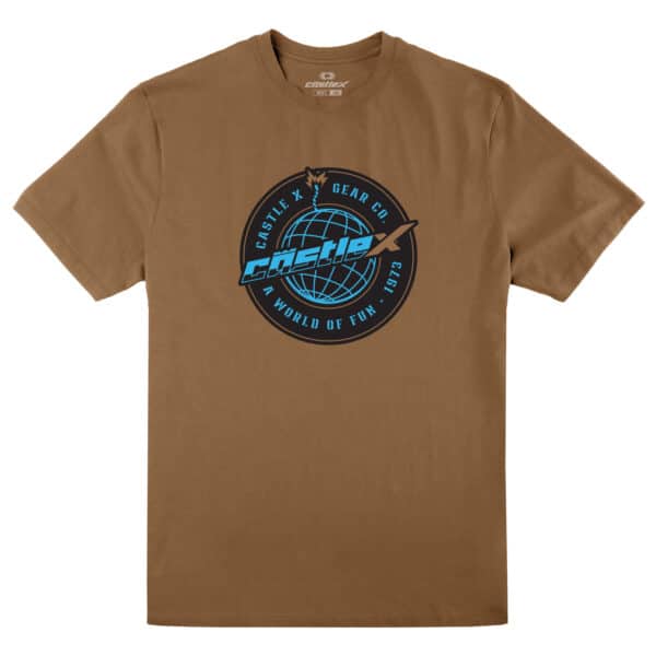 The Men's Globe T-Shirt is brown with a blue and black circular logo featuring a globe, an arrow, and the text "Castle X Gear Co. World of Fun 1993" and "Castle" in stylized letters across the front.
