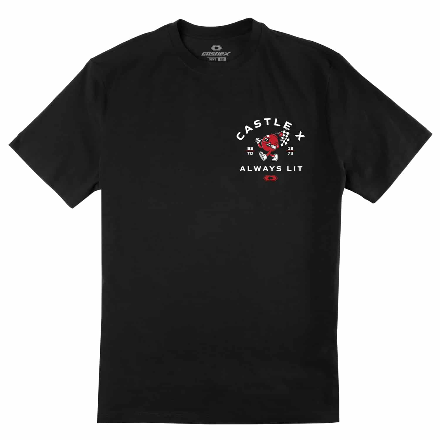 Men's Globe T-Shirt: Black tee with a small chest graphic of a red character holding a torch, surrounded by the white text "CASTLE X," "ALWAYS LIT," and "ESTD 1973.