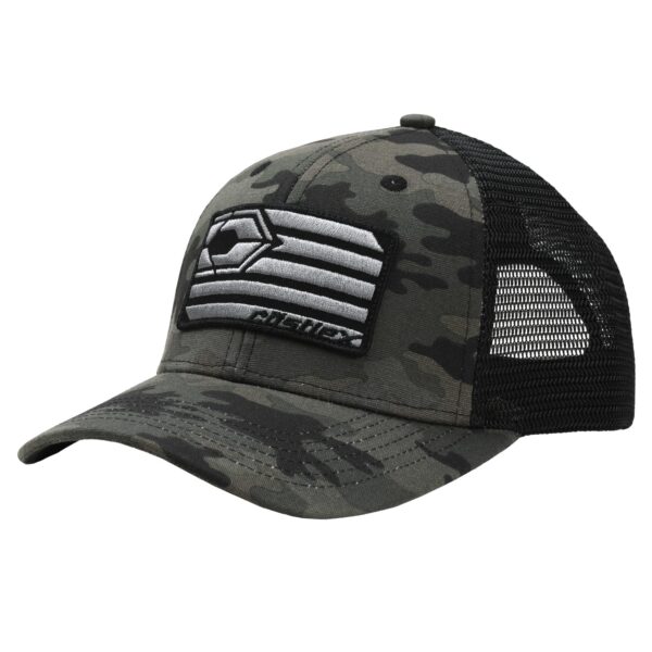 The Ghost Snapback Hat features a camouflage front, black mesh back, and a patch with a hexagonal logo and "FILTHY" embroidered on the front.