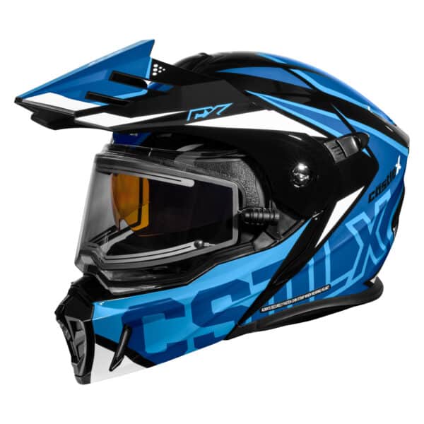 The CX950 V2 Jag Electric Modular Helmet is a blue, black, and white motorcycle helmet with a visor and tinted goggles, aerodynamic design, and bold graphics.