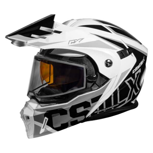 The CX950 V2 Jag Modular Helmet is white and black with bold graphics, a tinted visor, angular design, ventilation slits, prominent chin guard, and "CSX" lettering on the side.