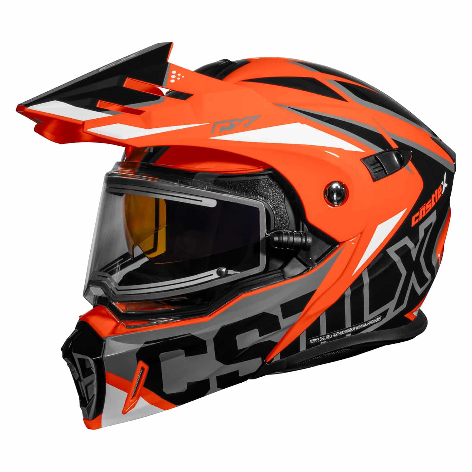 The CX950 V2 Jag Electric Modular Helmet is an orange, black, and gray motocross helmet with a visor and tinted goggles, featuring bold graphics and angular design elements.