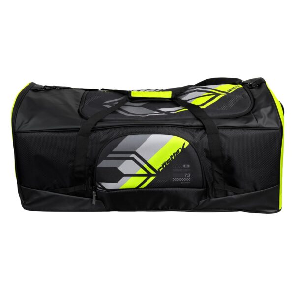 The Team Gear Bag is a large black and yellow sports duffel featuring a geometric design, two handles, a zippered top, and the "BAUER" brand name on the front pocket.