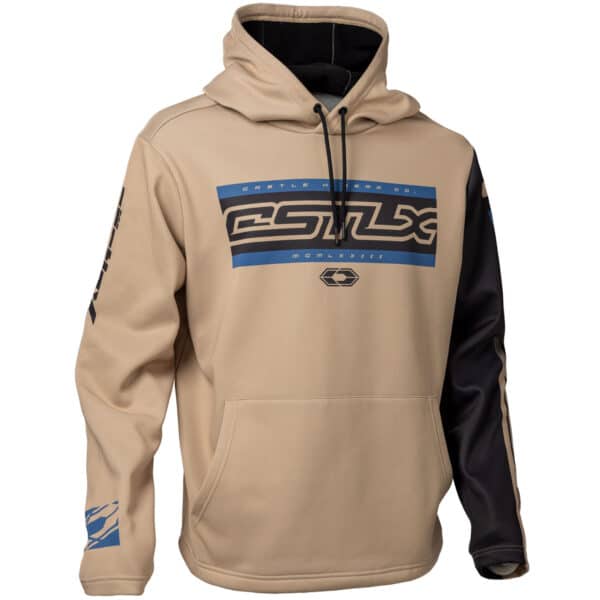 A tan hooded sweatshirt with a black drawstring, a blue and black graphic design on the chest, black sleeve detail on the right arm, and additional blue accents on the sleeve and cuff.